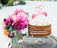 Naked Cake with Flamingo Topper, picture by Shea Christine, seen on The Knot | Aruba Weddings | Beach Brides